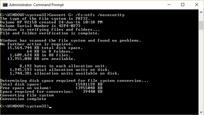 ejecute convert fs ntfs nosecurity en cmd para convertir FAT32 a NTFS |  El archivo es demasiado grande para el sistema de archivos de destino [SOLUCIONADO]
