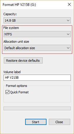 establezca el sistema de archivos en NTFS y, en Tamaño de unidad de asignación, seleccione Tamaño de asignación predeterminado