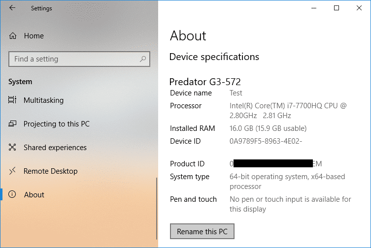 Haga clic en Cambiar el nombre de esta PC en Especificaciones del dispositivo