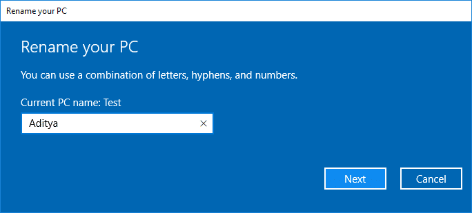 Escriba el nombre que desee en el cuadro de diálogo Renombrar su PC
