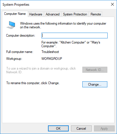 Asegúrese de cambiar a la pestaña Nombre de la computadora y luego haga clic en Cambiar |  Cómo cambiar el nombre de la computadora en Windows 10