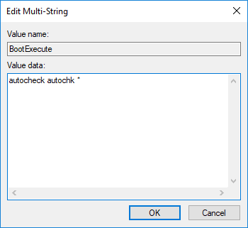 En el campo de datos de valor de BootExecute, escriba autocheck autochk |  Cómo cancelar un Chkdsk programado en Windows 10