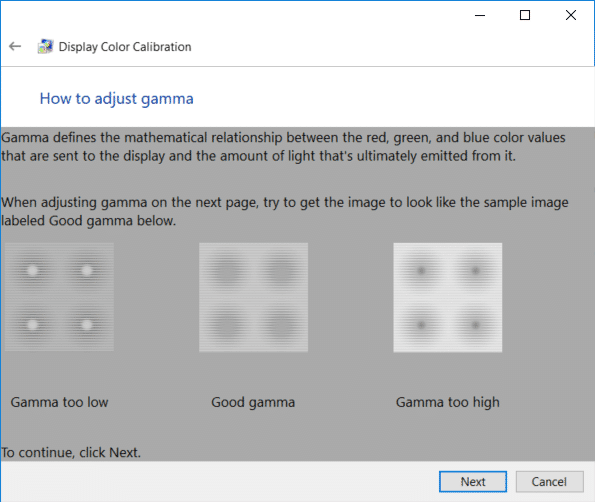 Revise los ejemplos de gamma y luego haga clic en Siguiente |  Cómo calibrar el color de la pantalla de su monitor en Windows 10