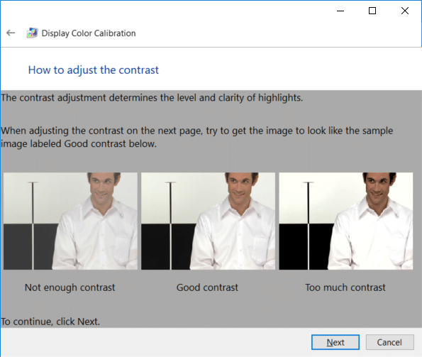 Del mismo modo, revise los ejemplos de contraste y haga clic en Siguiente |  Cómo calibrar el color de la pantalla de su monitor en Windows 10