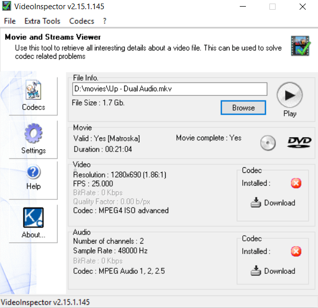 Ver Las filas de códecs de video y audio tendrán un botón de descarga activo