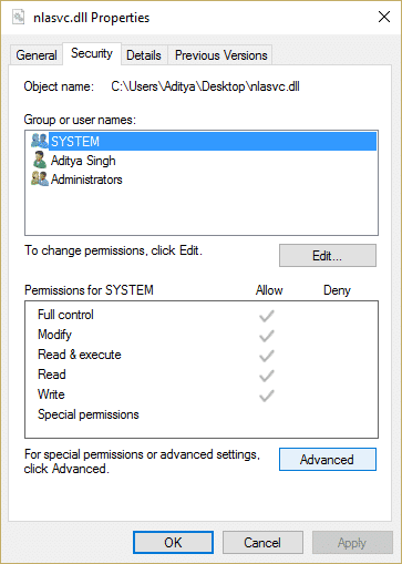 haga clic derecho en nlasvc.dll y haga clic en propiedades, cambie a la pestaña Seguridad y haga clic en Avanzado