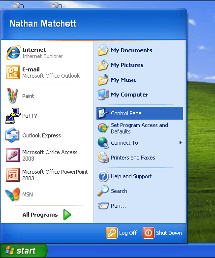 Panel de control en el menú Inicio de Windows XP