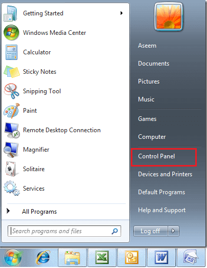 Haga clic en Panel de control desde el menú Inicio de Windows 7
