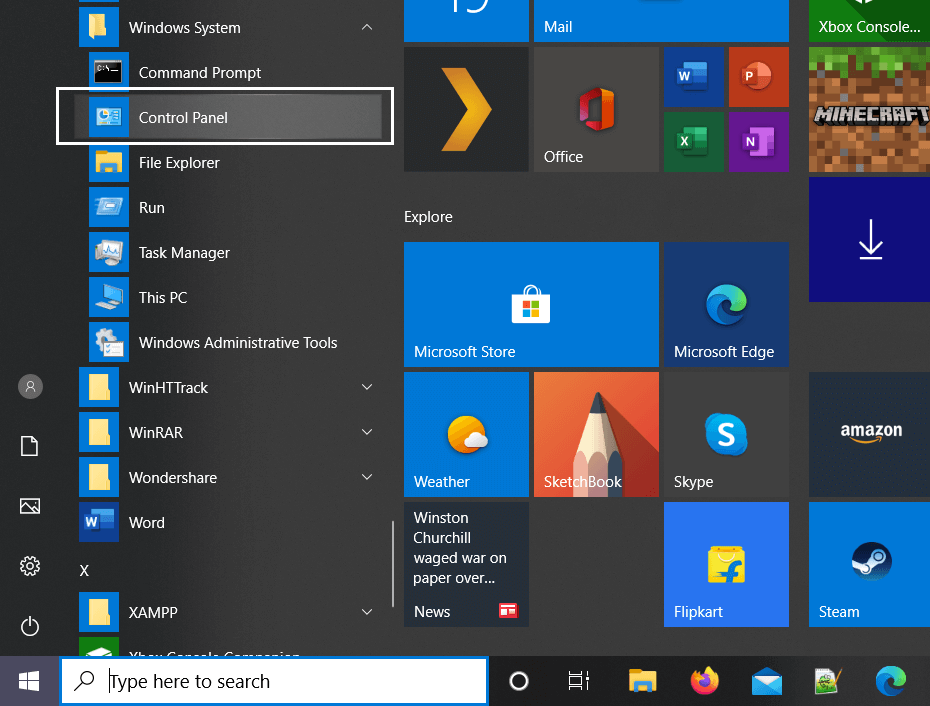 Desde el menú de inicio de Windows 10, ubique Widnows System y luego haga clic en Panel de control
