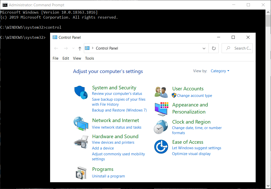 Escriba control en el símbolo del sistema y presione Entrar para abrir el Panel de control