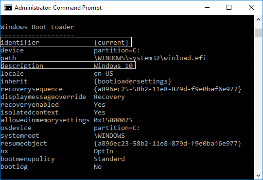 En el cargador de arranque de Windows, anote el valor del identificador |  Cómo agregar el modo seguro al menú de inicio en Windows 10