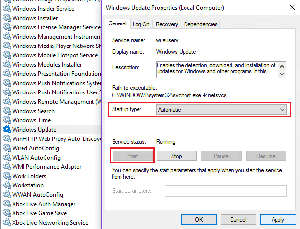 haga clic derecho en Windows Update y configúrelo en automático, luego haga clic en iniciar