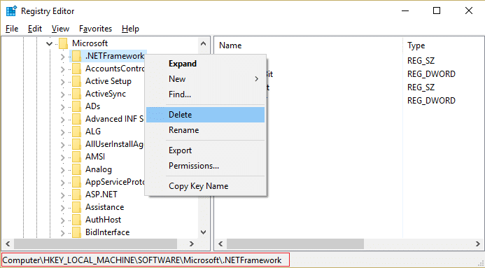 eliminar la clave de .NET Framework del registro