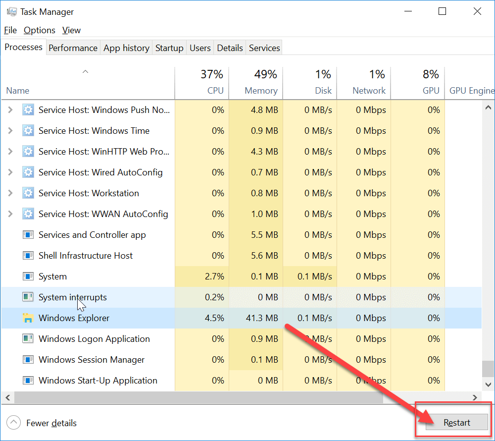 Reinicie el Explorador de Windows para corregir el icono de volumen que falta en la barra de tareas de Windows 10