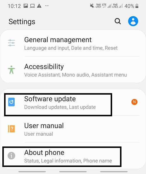 Ahora, abra la aplicación Configuración en su teléfono Android.  En Configuración, toque Acerca del teléfono o la opción Actualización de software.