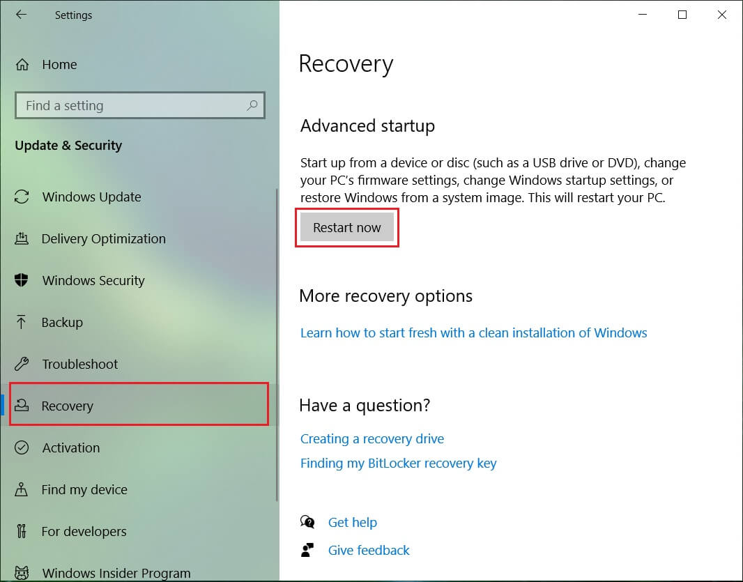 Seleccione Recuperación y haga clic en Reiniciar ahora en Inicio avanzado |  Arreglar Bluetooth no funciona después de Windows 10 Creators Update