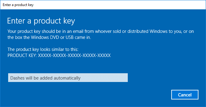 Ingrese una clave de producto Activación de Windows 10