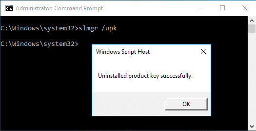 Desinstale la clave del producto usando el comando slmgr upk