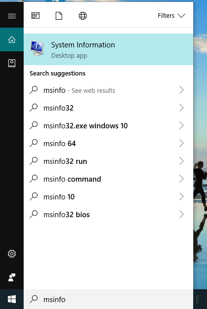 Escriba msinfo en la barra de búsqueda y presione Enter