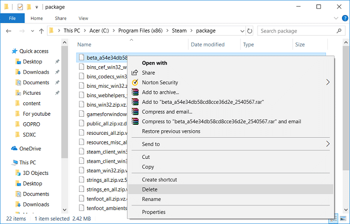 Elimine el nombre de archivo Beta en la carpeta Paquetes