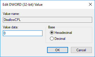 Para desactivar la ocultación de los elementos del Panel de control, cambie el valor de DisallowCPL DWORD a 0