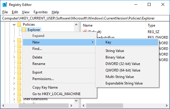 Haga clic con el botón derecho en Explorer, luego seleccione Nueva clave y asígnele el nombre DisallowCPL
