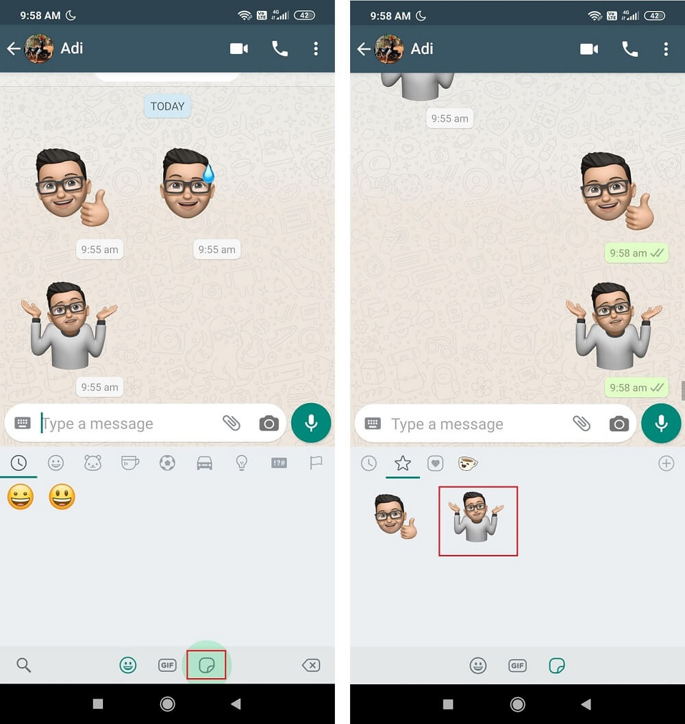 Si quieres usar los Memoji, simplemente ve a tu opción de Stickers de WhatsApp y envíalos directamente