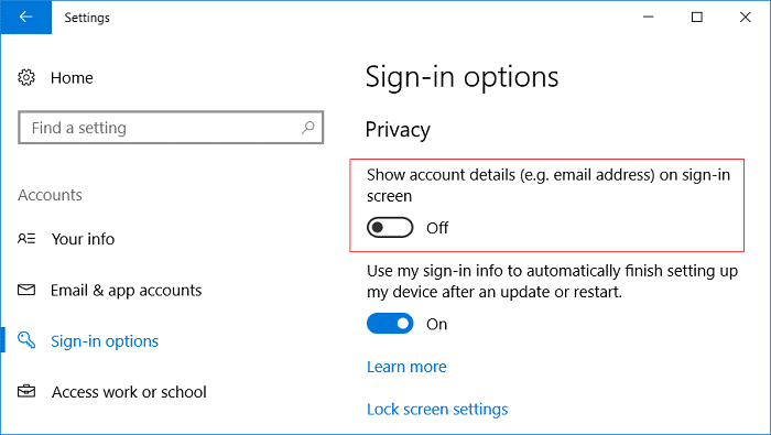 Deshabilite la opción Mostrar detalles de la cuenta (por ejemplo, dirección de correo electrónico) en la pantalla de inicio de sesión
