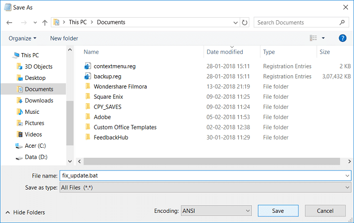 Seleccione TODOS los archivos de guardar como tipo y nombre el archivo como fix_update.bat y haga clic en Guardar