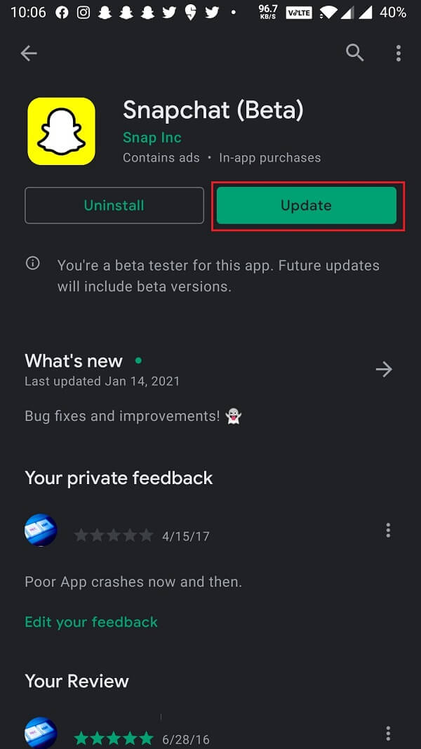 Toque el botón Actualizar para actualizar a la última versión de la aplicación. 