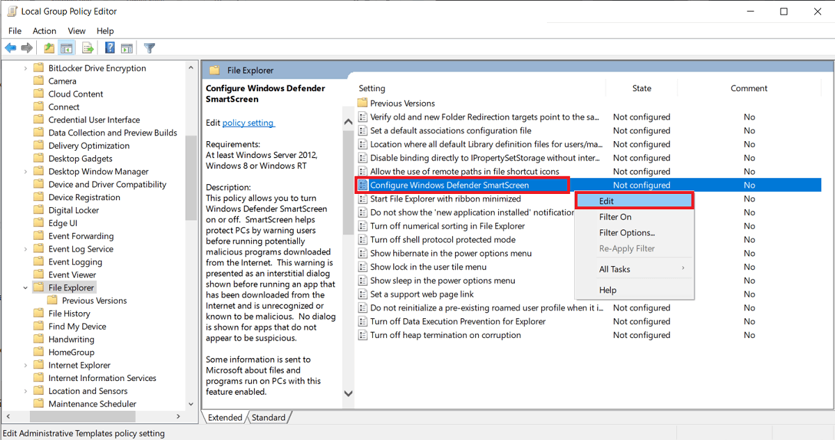 haga doble clic (o haga clic con el botón derecho y seleccione Editar) en el elemento Configurar SmartScreen de Windows Defender.