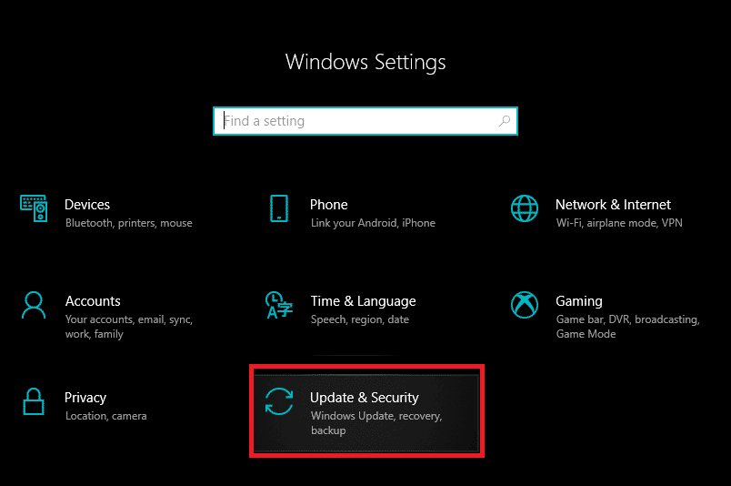 Presione la tecla de Windows + I para abrir Configuración y luego haga clic en Actualización y seguridad |  Solución: no se puede acceder a Windows SmartScreen en este momento