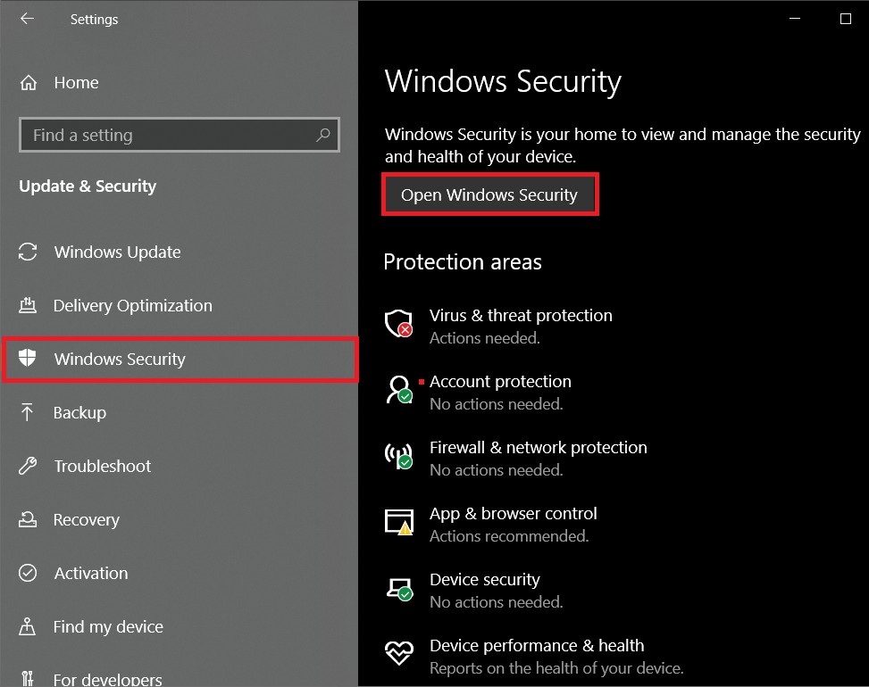 Vaya a la página de Seguridad de Windows y haga clic en el botón Abrir Seguridad de Windows
