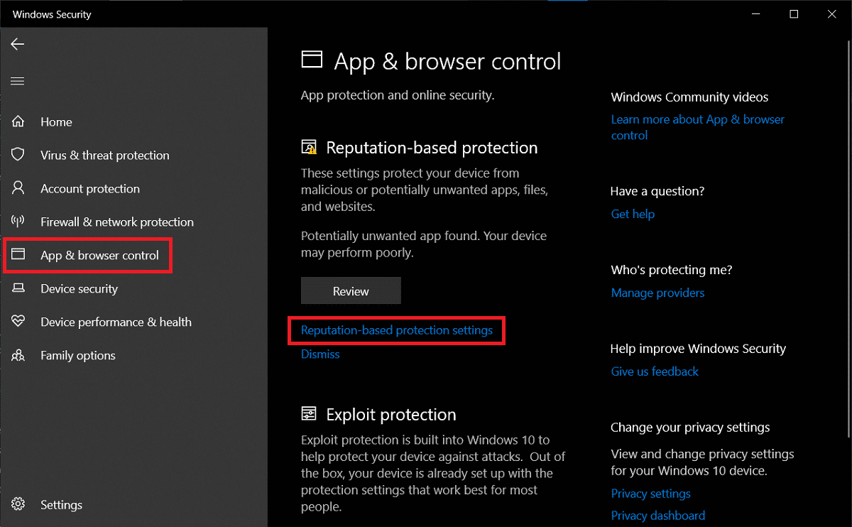 Cambie a la pestaña Control de aplicaciones y navegador y haga clic en Configuración de protección basada en la reputación
