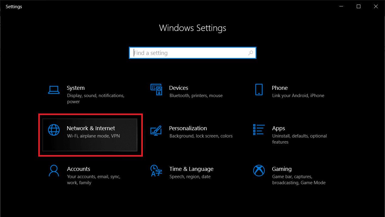 Presione la tecla de Windows + X, luego haga clic en Configuración y luego busque Red e Internet