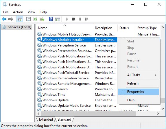 Haga clic derecho en el servicio de instalación de módulos de Windows y seleccione Propiedades