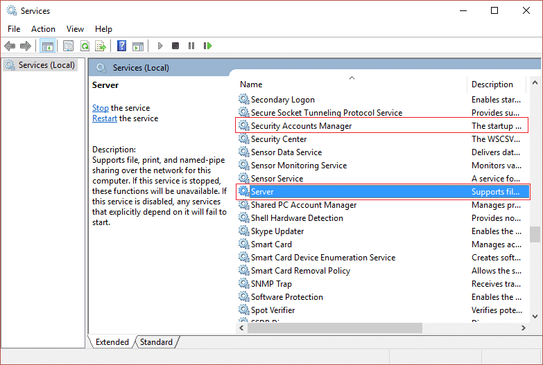 Encuentre el administrador y el servidor de cuentas de seguridad en la ventana services.msc