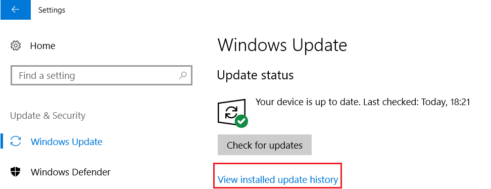 desde el lado izquierdo, seleccione Windows Update y haga clic en Ver historial de actualizaciones instaladas