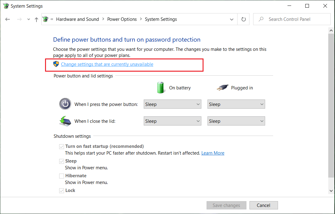 Haga clic en Cambiar la configuración que actualmente no está disponible