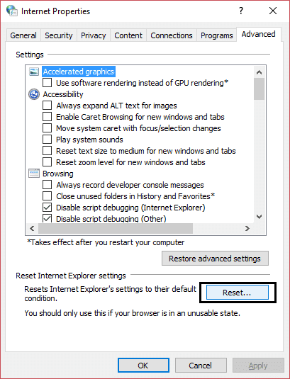 restablecer la configuración de Internet Explorer 