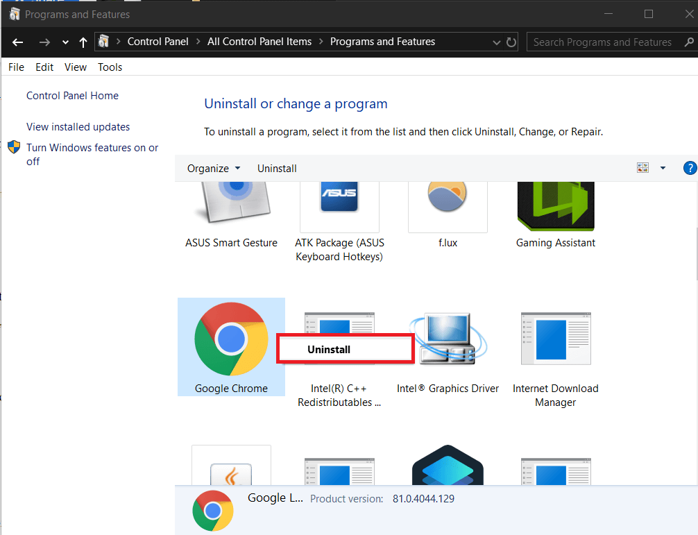 Haz clic derecho sobre él.  Seleccione Desinstalar |  Solucione el error Aw Snap en Google Chrome