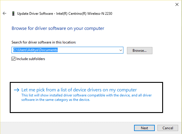 Déjame elegir de una lista de controladores de dispositivos en mi computadora