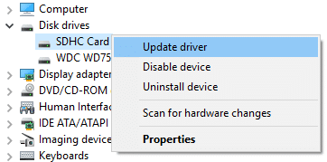 Haga clic derecho en la tarjeta Sd debajo de la unidad de disco y luego seleccione Actualizar controlador