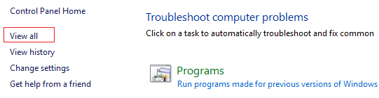 haga clic en ver todo en solucionar problemas de la computadora