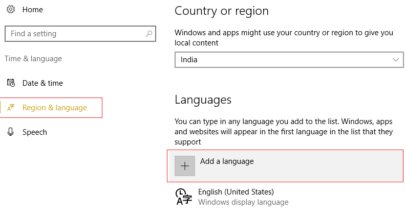 Seleccione Región e idioma y luego, en Idiomas, haga clic en Agregar un idioma.