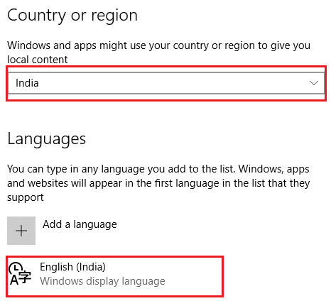 Asegúrese de que el país seleccionado se corresponda con el idioma de visualización de Windows