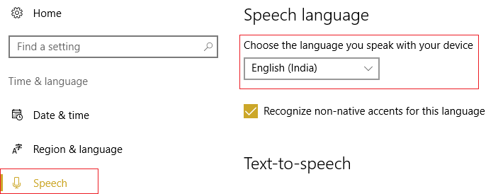 asegúrese de que el idioma del habla se corresponda con el idioma que seleccione en Región e idioma.