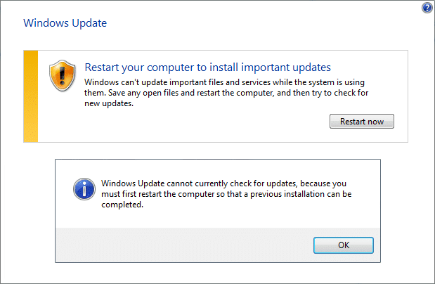 Arreglar Reinicie su computadora para instalar actualizaciones importantes bucle infinito