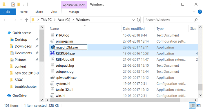 Busque regedit.exe, luego cámbiele el nombre a regeditOld.exe y cierre Explorer