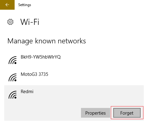 haga clic en Olvidé la red en la que Windows 10 no recordará la contraseña